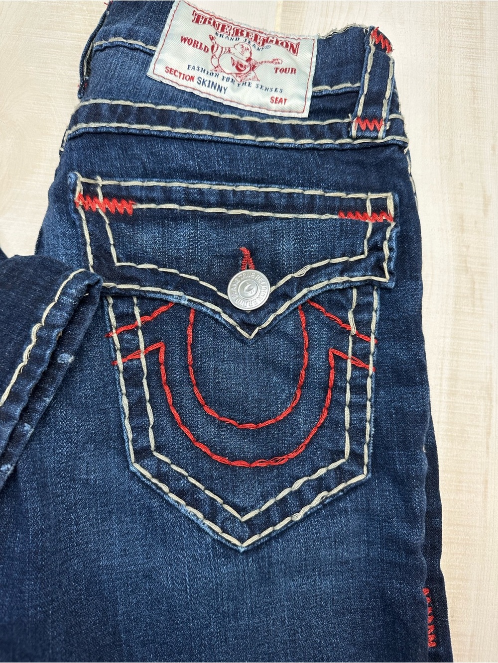 True Religion Women’s Skinny Jeans - Dark Blue with Red White Contrast Stitching